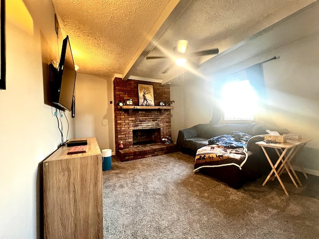 living area featuring a textured ceiling, ceiling fan, a brick fireplace, and carpet flooring