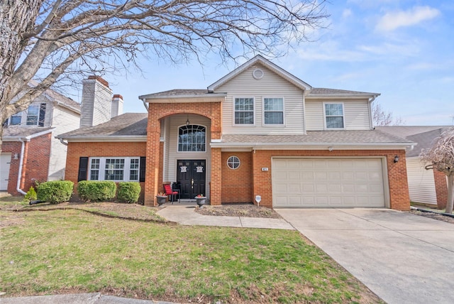 view of front of property featuring a front lawn, concrete driveway, an attached garage, a shingled roof, and brick siding