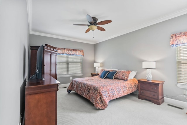 bedroom with visible vents, baseboards, carpet, and ornamental molding