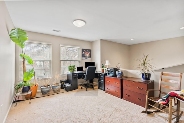 office featuring visible vents, recessed lighting, baseboards, and carpet floors