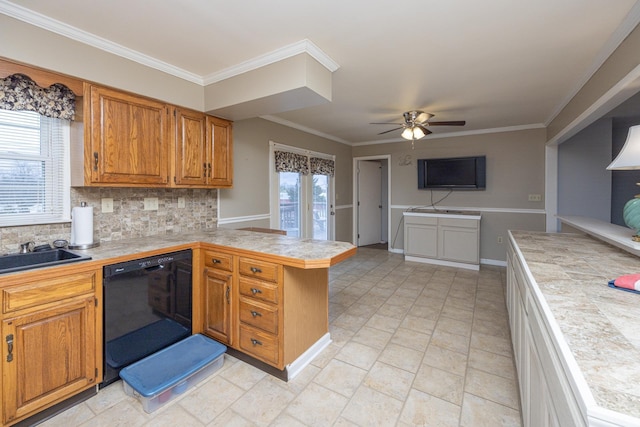 kitchen with decorative backsplash, ornamental molding, brown cabinetry, dishwasher, and a peninsula