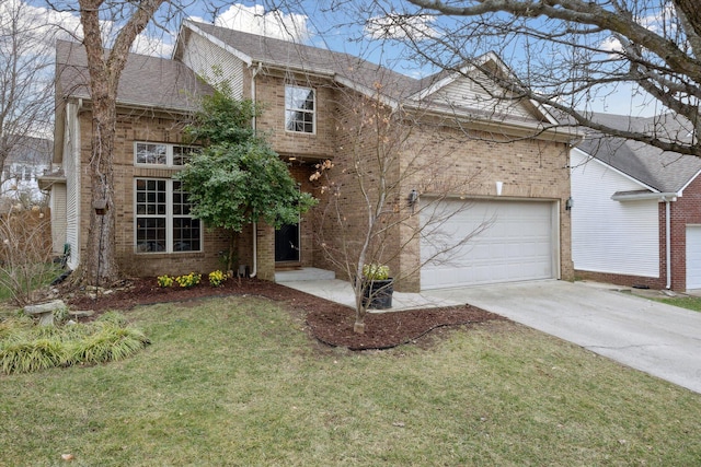 traditional home featuring a front yard, an attached garage, a shingled roof, concrete driveway, and brick siding