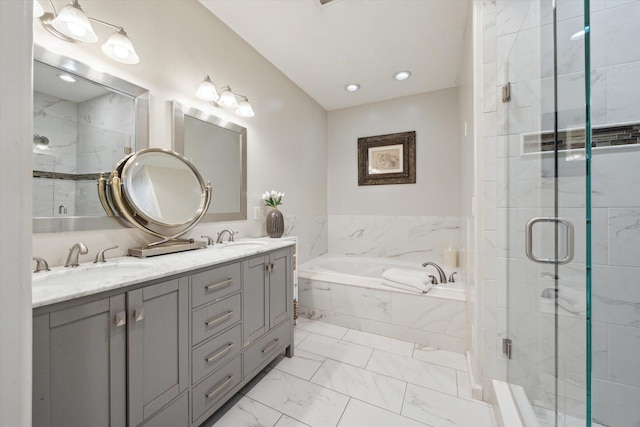 bathroom featuring double vanity, a stall shower, a bath, marble finish floor, and a sink