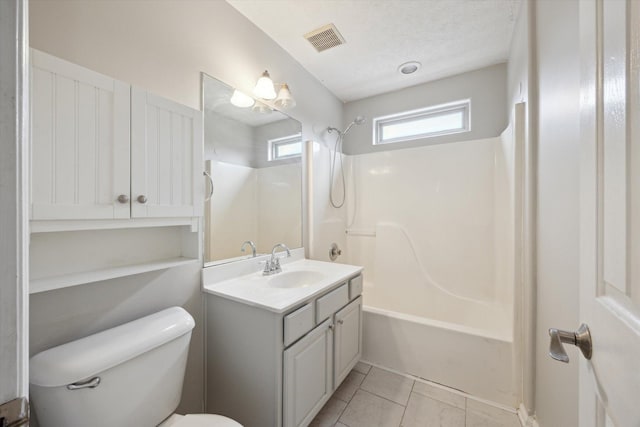 bathroom with vanity, shower / bathing tub combination, toilet, and visible vents