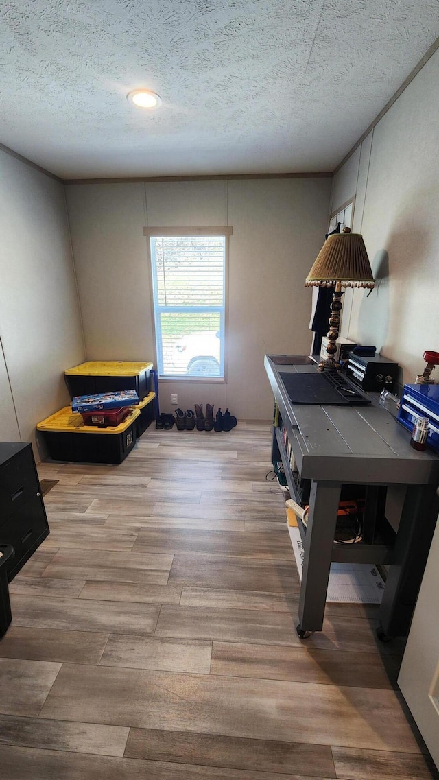 office featuring a textured ceiling and wood finished floors