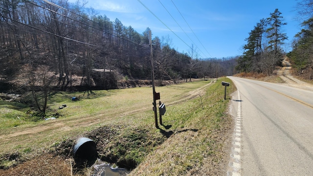 view of road with a wooded view