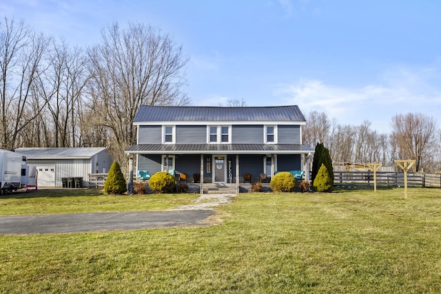 4200 Grays Run Pike, Cynthiana, KY 41031 - view of front of property featuring fence, a front yard, covered porch, metal roof, and an outdoor structure