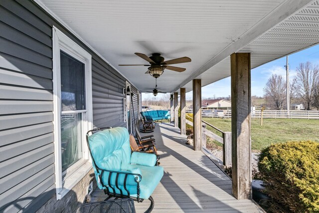 4200 Grays Run Pike, Cynthiana, KY 41031 - wooden deck featuring a lawn, covered porch, ceiling fan, and fence