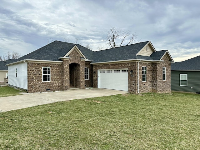 view of front of home with crawl space, a front lawn, concrete driveway, and brick siding