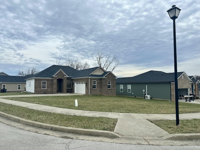 ranch-style home with a garage, a front yard, brick siding, and a shingled roof