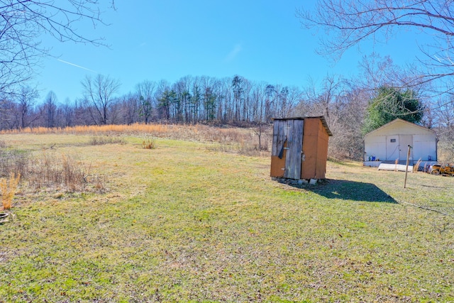 view of yard with an outdoor structure and a storage shed