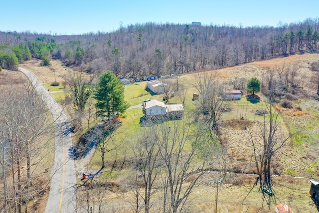 birds eye view of property featuring a rural view and a view of trees