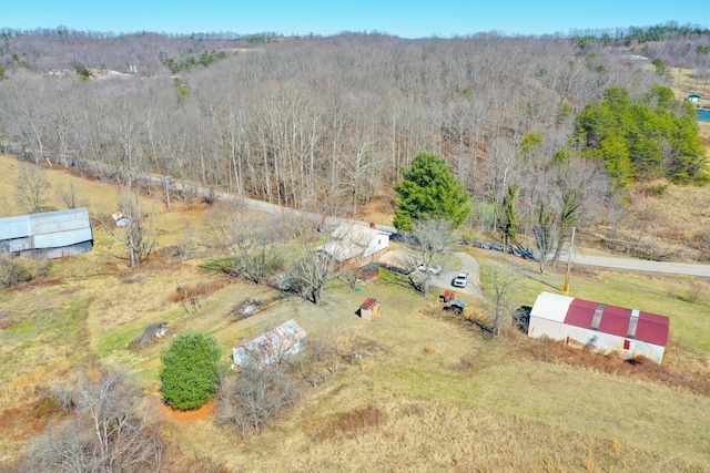 bird's eye view with a view of trees and a rural view