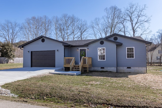 view of front of home with a garage, concrete driveway, crawl space, fence, and a front yard