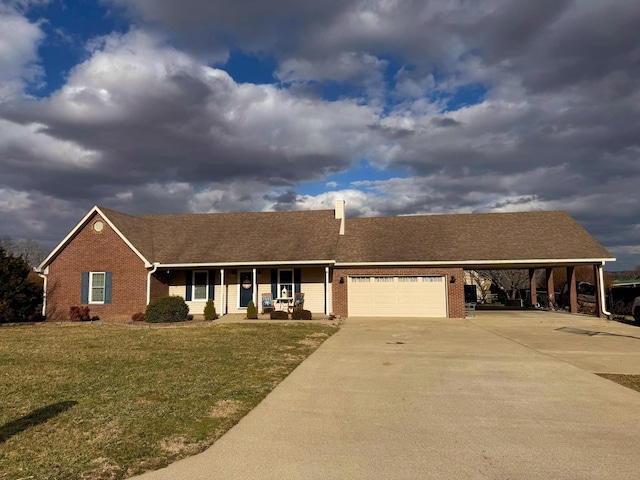 ranch-style house with a front yard, brick siding, driveway, and an attached carport