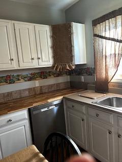 kitchen featuring white cabinetry, dishwasher, and a sink