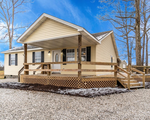 view of front facade featuring crawl space, a deck, and roof with shingles