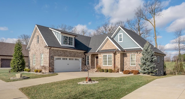 craftsman house with a garage, brick siding, driveway, roof with shingles, and a front yard