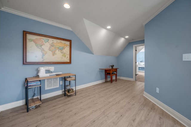 additional living space featuring recessed lighting, visible vents, vaulted ceiling, wood finished floors, and baseboards