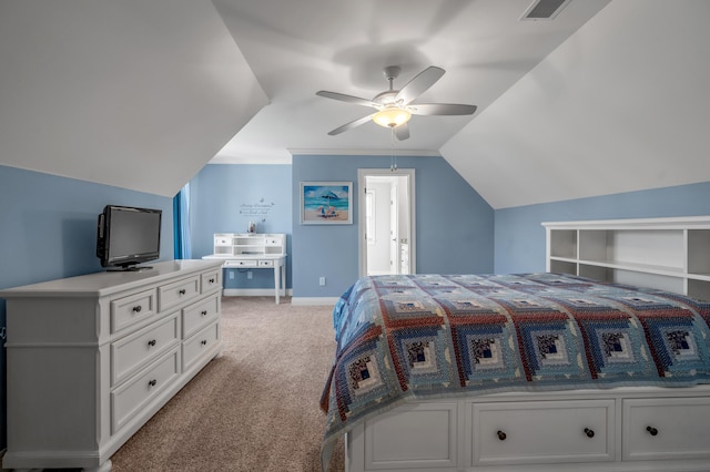 bedroom with lofted ceiling, light colored carpet, visible vents, ceiling fan, and baseboards