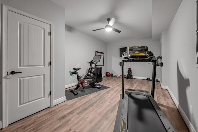 exercise area featuring a ceiling fan, baseboards, and wood finished floors