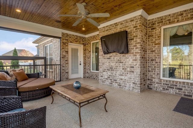 exterior space with wooden ceiling and ceiling fan