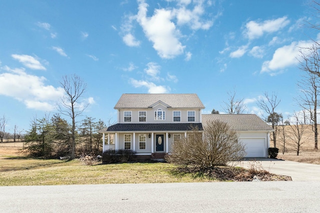 view of front of house with a garage, driveway, covered porch, and a front yard