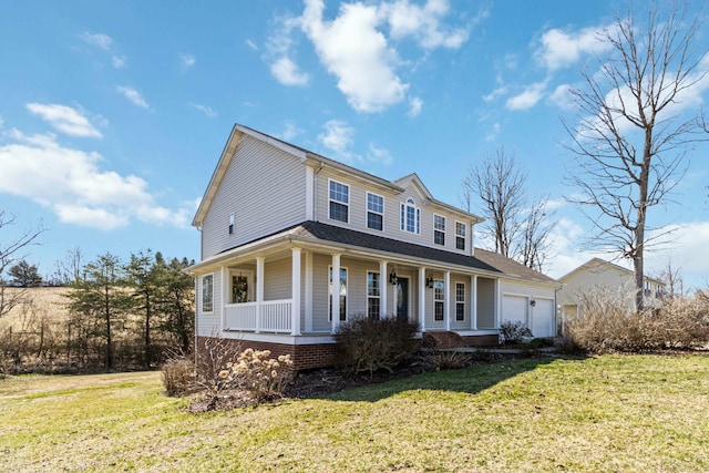 view of front of property featuring covered porch, an attached garage, and a front lawn