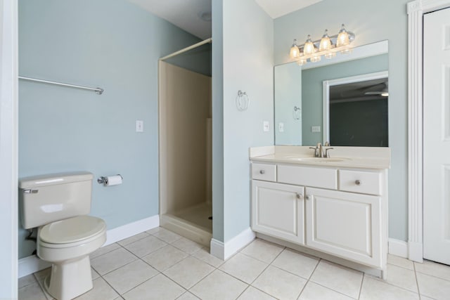 full bath with tile patterned flooring, toilet, vanity, baseboards, and a stall shower