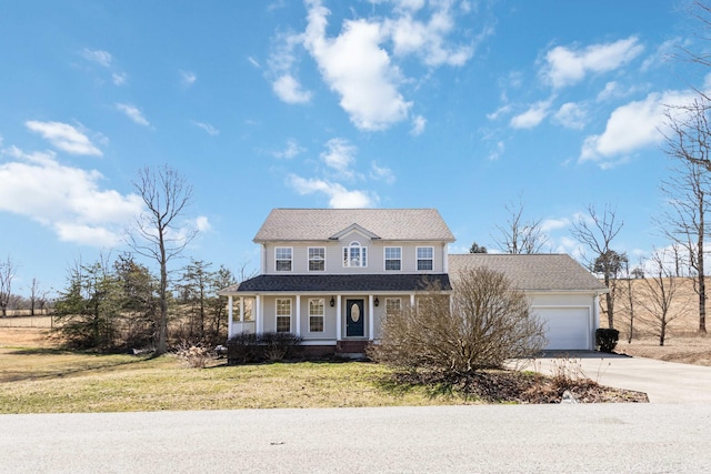 view of front of property featuring a garage, a front yard, covered porch, and driveway