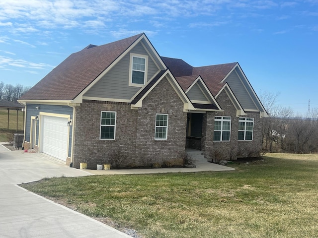 craftsman house with brick siding, concrete driveway, a front lawn, and a shingled roof