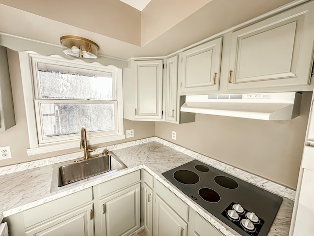 kitchen with black electric cooktop, under cabinet range hood, and a sink