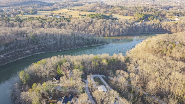 bird's eye view with a forest view and a water view