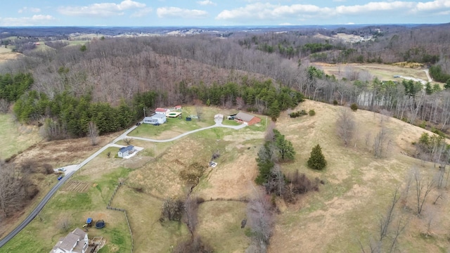 drone / aerial view featuring a view of trees