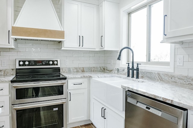 kitchen featuring a sink, decorative backsplash, premium range hood, and stainless steel appliances