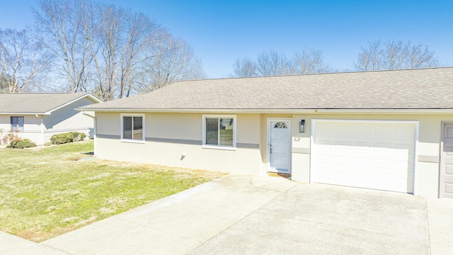 ranch-style home with a front yard, roof with shingles, driveway, an attached garage, and stucco siding