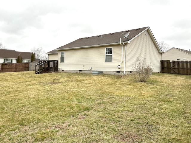 back of house featuring crawl space, a fenced backyard, and a lawn