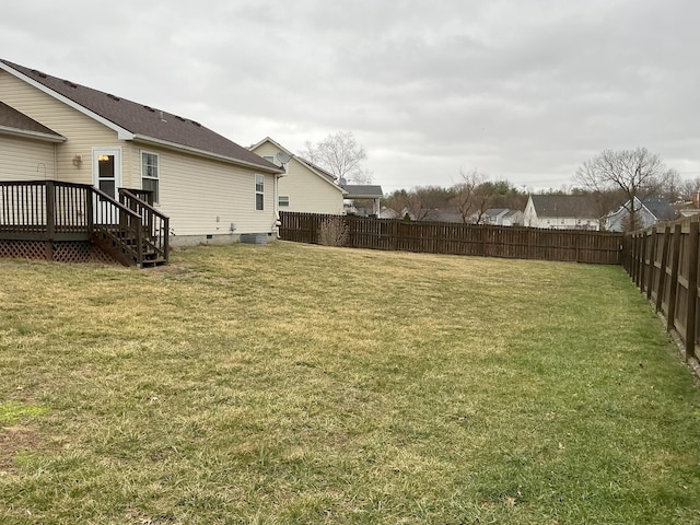 view of yard with a fenced backyard and a wooden deck