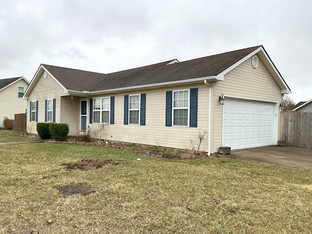 single story home with a garage, aphalt driveway, a front yard, and fence