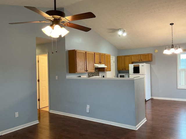 kitchen with dark wood-type flooring, white appliances, under cabinet range hood, and baseboards