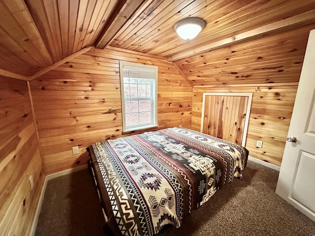 185 Woods Rd, Nancy, KY 42544 - bedroom with lofted ceiling, carpet, wooden walls, and wooden ceiling