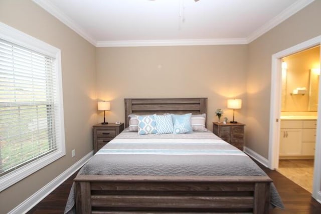 bedroom with crown molding, baseboards, and dark wood-style flooring