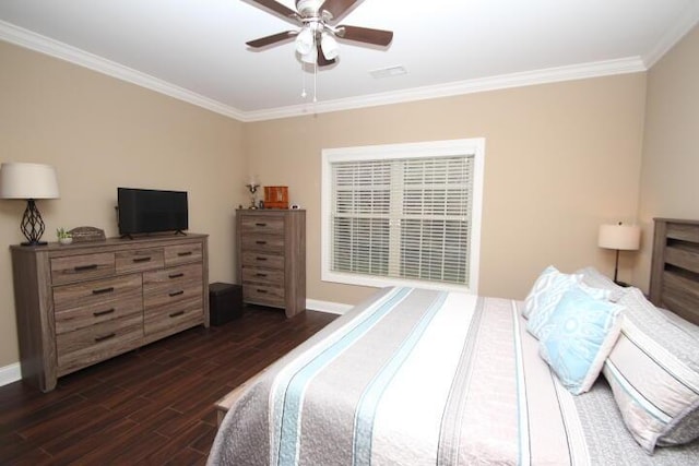 bedroom featuring dark wood-style floors, ceiling fan, ornamental molding, and baseboards