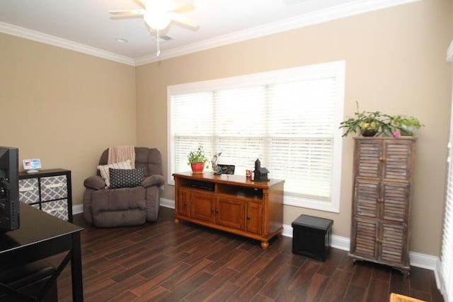 living area with ceiling fan, ornamental molding, wood finish floors, and baseboards