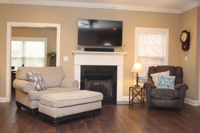 living room featuring dark wood-style floors, a fireplace, ornamental molding, and baseboards