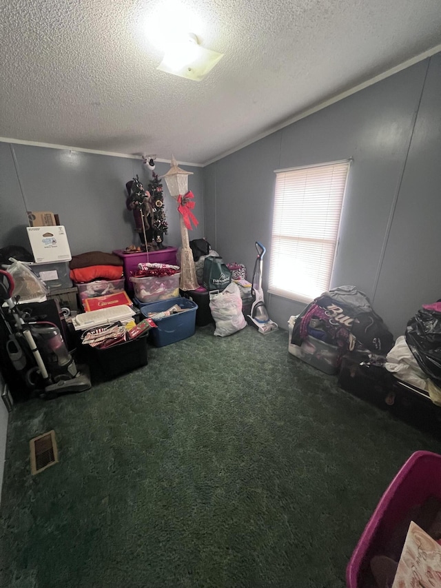 bedroom featuring carpet, lofted ceiling, and a textured ceiling