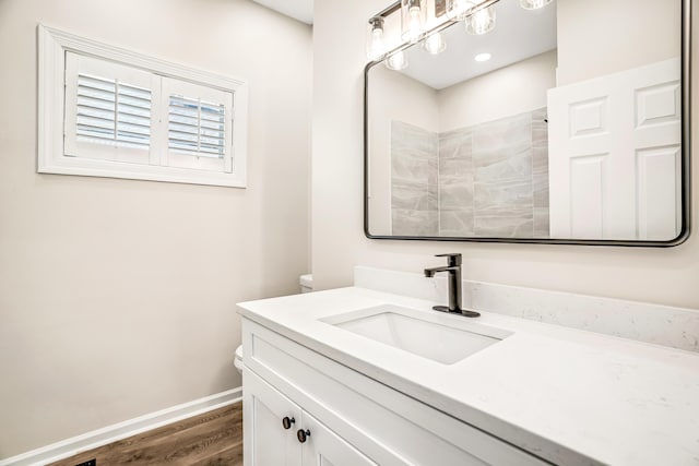 bathroom featuring baseboards, wood finished floors, and vanity