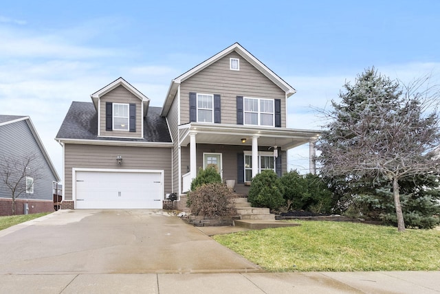 traditional-style house featuring driveway, a porch, a front lawn, and a shingled roof