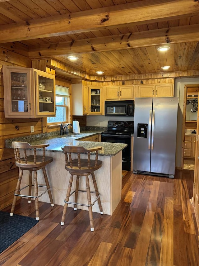 kitchen with dark wood finished floors, a sink, wooden ceiling, a peninsula, and black appliances