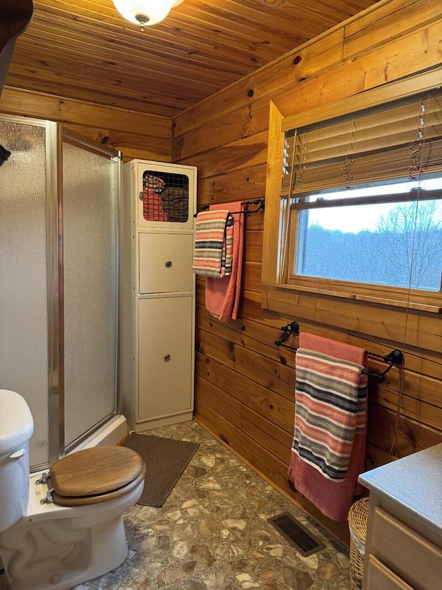 full bath with toilet, wood ceiling, wooden walls, and visible vents